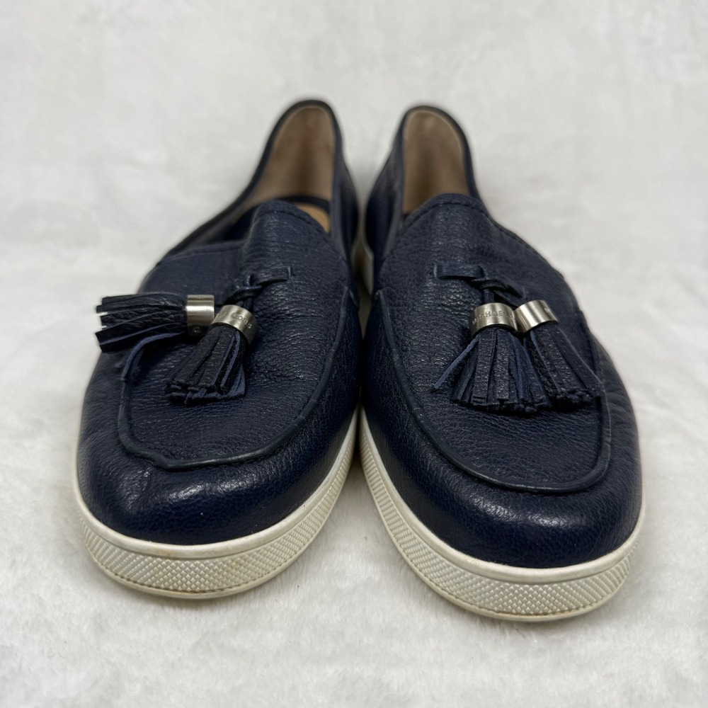 Michael Kors Navy Pebbled Leather Tassel Loafer Sneakers Silver Hardware Blue 7 - Picture 3 of 14